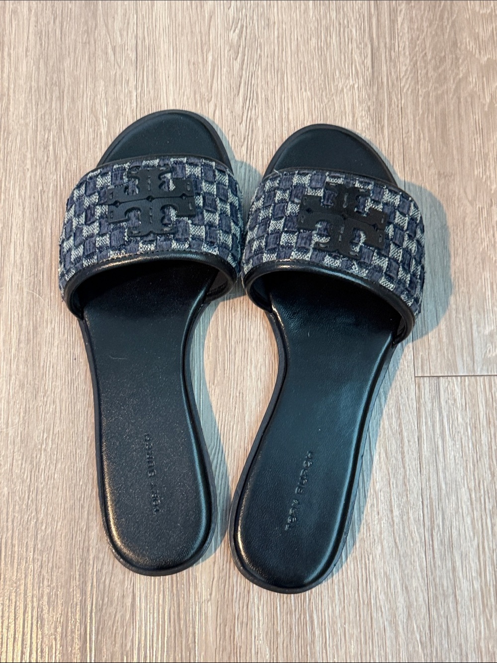 Tory Burch Black and Navy Woven Logo Slide Sandals